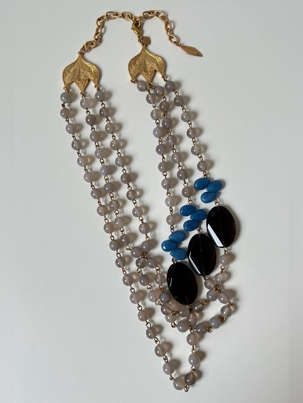 David Aubrey Multi-Strand Gray Bead Necklace with Blue and Black Accents beads